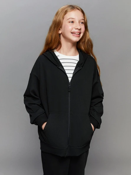LCW Kids Siyah Kapüşonlu Kız Çocuk Fermuarlı Sweatshirt ürün görseli 1