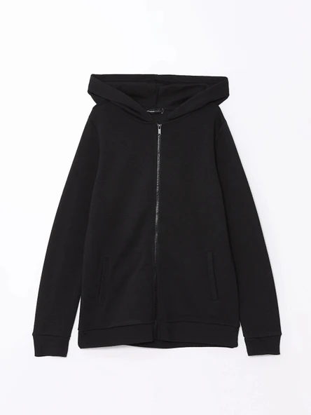 LCWAIKIKI Basic Siyah Kapüşonlu Kadın Kalın Fermuarlı Sweatshirt - Resim 5