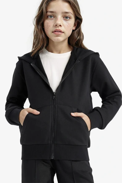 Defacto C8110A8BK81 Siyah Kız Çocuk Basic Düz Kapüşonlu Okul Fermuarlı Sweatshirt ürün görseli 1