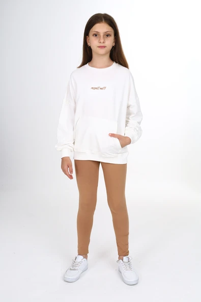 Toontoy Kız Çocuk 2'li Takım Baskılı Bisiklet Yaka Düşük Omuz Cepli Sweatshirt & Basic Düz Tayt ürün görseli 1