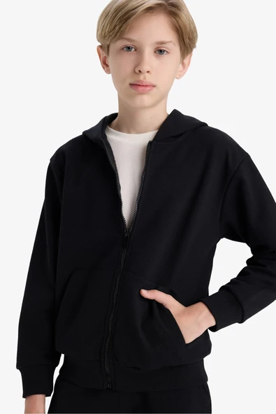 Defacto X5844A6BK81 Siyah Erkek Çocuk Kapüşonlu Okul Fermuarlı Sweatshirt ürün görseli 1
