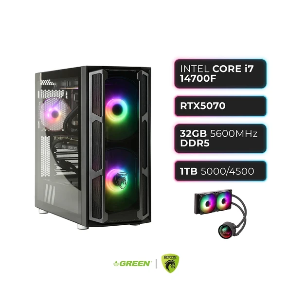 GREEN GRIFFIN G6  RTX 5070  Intel i7-14700F  32 GB DDR5 Ram  1TB SSD  Sıvı Soğutucu  Oyuncu OEM Paket ürün görseli 1
