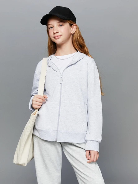 LCW Kids Gri Kapüşonlu Basic Uzun Kollu Kız Çocuk Fermuarlı Sweatshirt ürün görseli 1