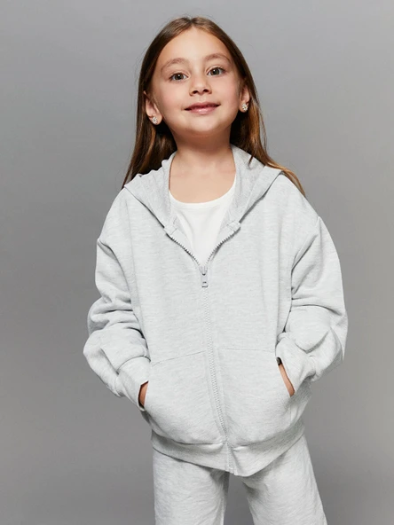 LCW Kids Gri Kapüşonlu Uzun Kollu Kız Çocuk Fermuarlı Sweatshirt ürün görseli 1