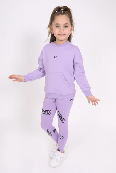 Toontoy Kız Çocuk 2'li Takım Baskılı Bisiklet Yaka Düşük Omuz Cepli Sweatshirt & Basic Düz Tayt ürün görseli 1