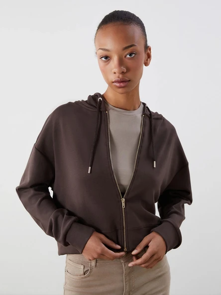 LCW Vision Kahverengi Kapüşonlu Kadın Fermuarlı Sweatshirt ürün görseli 1
