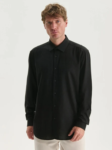 LCW Vision Siyah Slim Fit Uzun Kollu Keten Karışımlı Erkek Gömlek ürün görseli 1