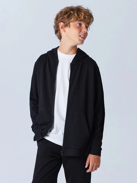 LCW Kids Siyah Kapüşonlu Erkek Çocuk Fermuarlı Sweatshirt ürün görseli 1