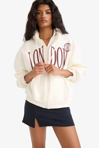 Defacto F9178AXER42 Ekru Oversize Geniş Kalıp Kapüşonlu Baskılı Fermuarlı Sweatshirt ürün görseli 1