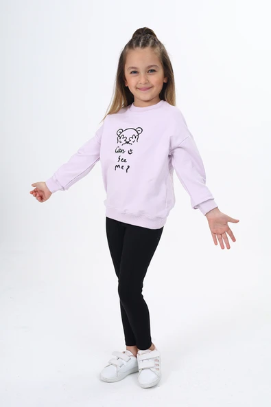 Toontoy Kız Çocuk 2'li Takım Baskılı Bisiklet Yaka Düşük Omuz Sweatshirt & Basic Düz Tayt ürün görseli 1