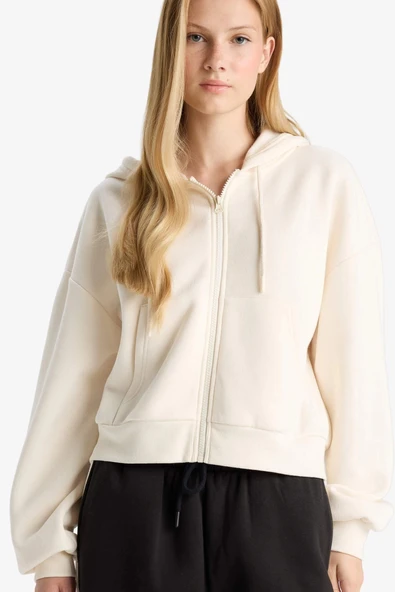 Defacto Z7069AZWT32 Beyaz Coool Cropped Fit Kapüşonlu Kalın Fermuarlı Sweatshirt ürün görseli 1