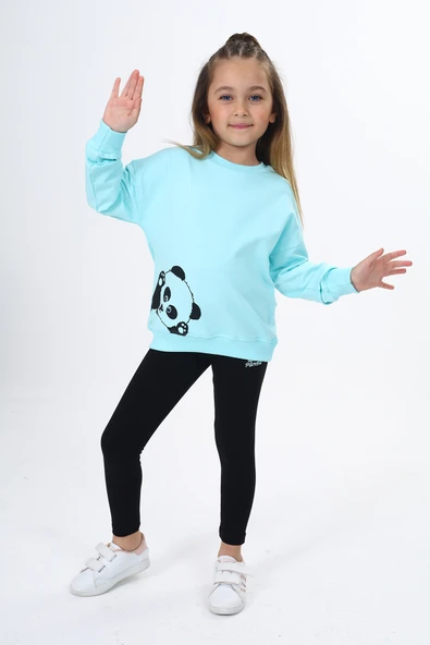 Toontoy Kız Çocuk 2'li Takım Baskılı Bisiklet Yaka Düşük Omuz Sweatshirt & Basic Düz Tayt ürün görseli 1