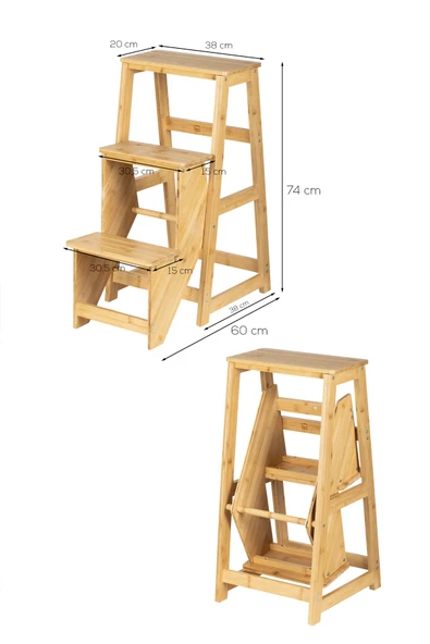 Porsima PBT-379 Ahşap Bambu 3 Basamak Merdiven - Portatif Demonte ve Ergonomik Ev Tipi Dekoratif Tabure Merdiven ürün görseli 1