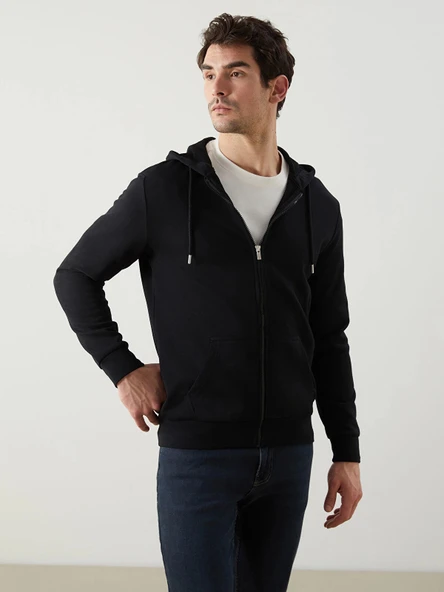 LCWAIKIKI Basic Siyah Kapüşonlu Uzun Kollu Erkek Fermuarlı Sweatshirt ürün görseli 1
