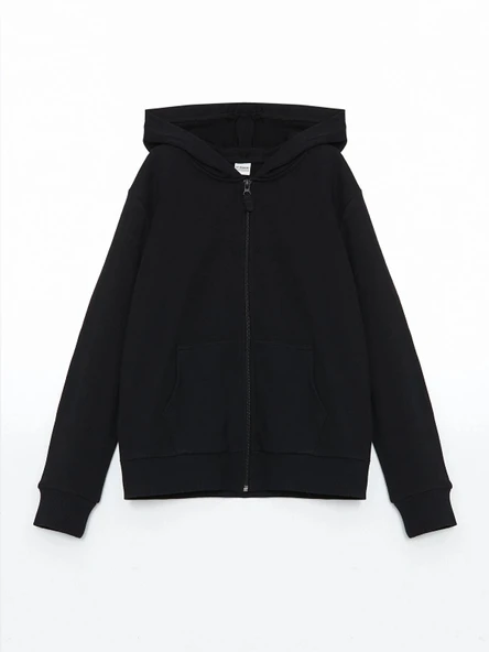 LCW Kids Siyah Kapüşonlu Basic Uzun Kollu Kız Çocuk Fermuarlı Sweatshirt ürün görseli 1