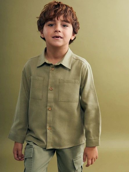 LCW Kids Haki Basic Gabardin Uzun Kollu Erkek Çocuk Gömlek ürün görseli 1