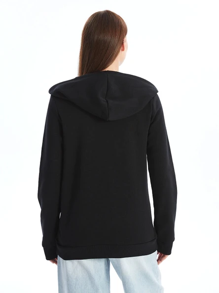 LCWAIKIKI Basic Siyah Kapüşonlu Kadın Kalın Fermuarlı Sweatshirt - Resim 4