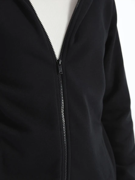 LCWAIKIKI Basic Siyah Kapüşonlu Kadın Kalın Fermuarlı Sweatshirt - Resim 3