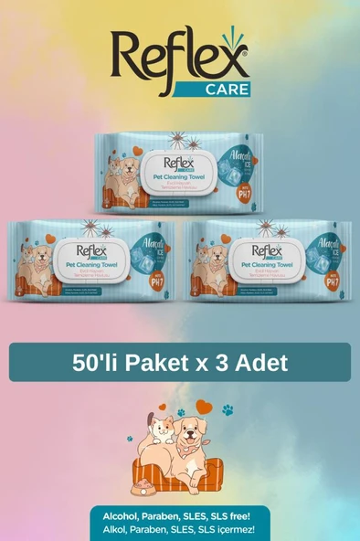 REFLEX Care Alaçatı Ice Kokulu Kedi ve Köpekler için Çok Amaçlı Temizleme Mendili 50'li X 3 Adet ürün görseli 1