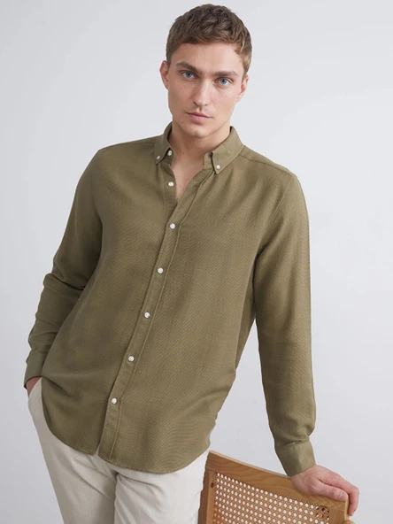 LCW Vision Haki Slim Fit Uzun Kollu Armürlü Erkek Gömlek ürün görseli 1