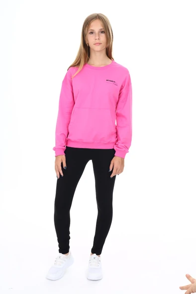 Toontoy Kız Çocuk 2'li Takım Baskılı Bisiklet Yaka Düşük Omuz Cepli Sweatshirt & Basic Düz Tayt ürün görseli 1