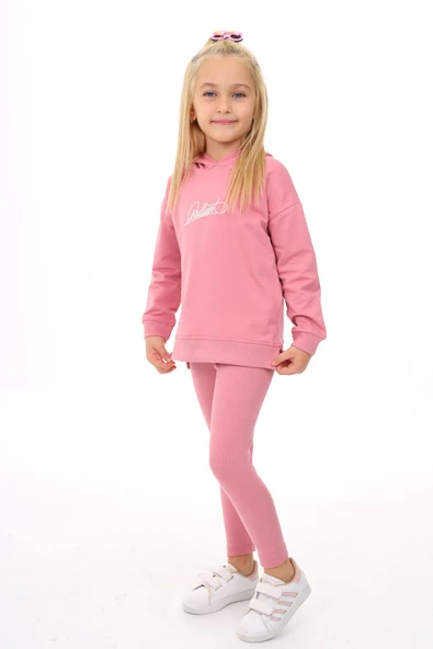 Toontoy Kız Çocuk 2'li Takım Baskılı Bisiklet Yaka Düşük Omuz Cepli Sweatshirt & Basic Düz Tayt ürün görseli 1