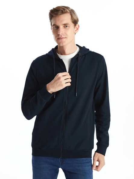 LCWAIKIKI Basic Lacivert Kapüşonlu Uzun Kollu Erkek Fermuarlı Sweatshirt ürün görseli 1