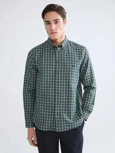 LCWAIKIKI Classic Haki Regular Fit Ekose Gabardin Erkek Gömlek ürün görseli 1