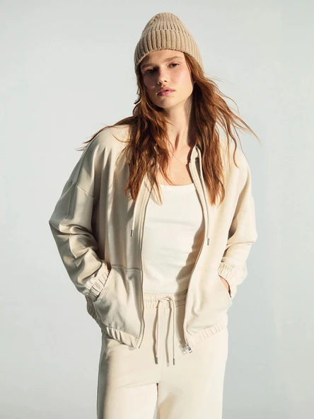 XSIDE Bej Kapüşonlu Oversize Kadın Fermuarlı Sweatshirt ürün görseli 1