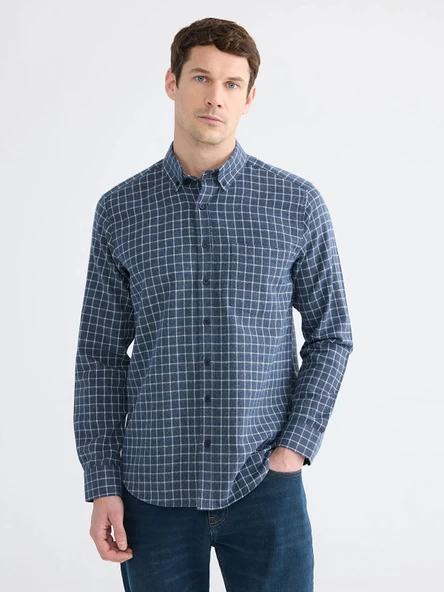 LCWAIKIKI Classic İndigo Regular Fit Ekose Erkek Gömlek ürün görseli 1