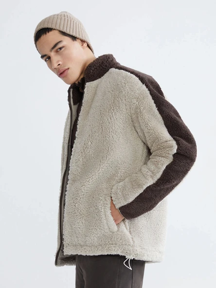 XSIDE Bej Dik Yaka Pelüş Erkek Fermuarlı Sweatshirt ürün görseli 1