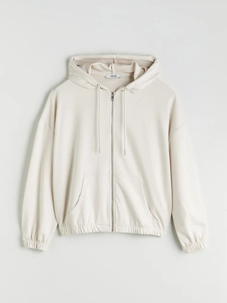 XSIDE Bej Kapüşonlu Oversize Kadın Fermuarlı Sweatshirt - Resim 3