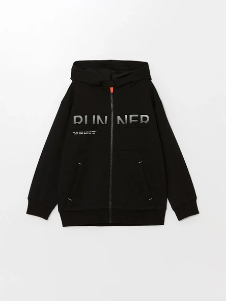 LCW Kids Siyah Kapüşonlu Baskılı Uzun Kollu Erkek Çocuk Fermuarlı Sweatshirt ürün görseli 1