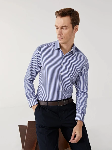 LCW BUSINESS Lacivert Slim Fit Uzun Kollu Çizgili Poplin Erkek Gömlek ürün görseli 1