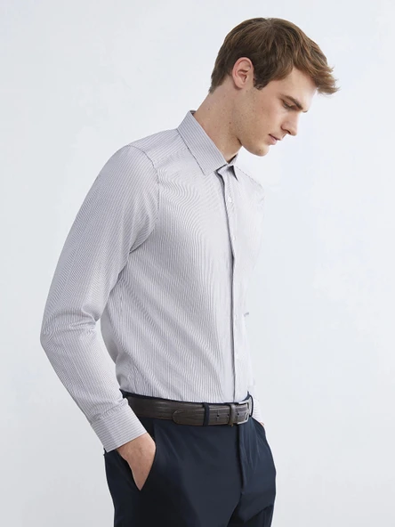 LCWAIKIKI Classic Antrasit Slim Fit Uzun Kollu Çizgili Erkek Gömlek ürün görseli 1