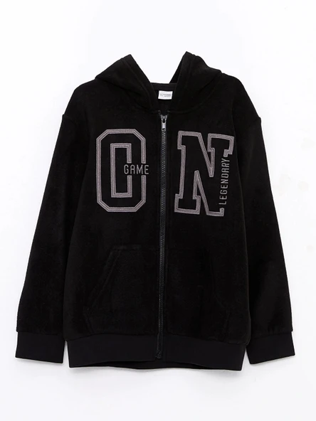 LCW Kids Siyah Kapüşonlu Nakışlı Uzun Kollu Polar Erkek Çocuk Fermuarlı Sweatshirt ürün görseli 1