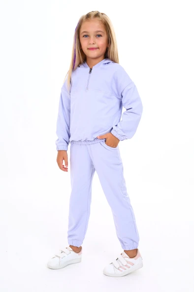 Toontoy Kız Çocuk 2'li Takım Kapüşonlu Yarım Fermuarlı Sweatshirt & Beli Paçası Lastikli Cepli Jogger Eşofman Altı - TK24214 ürün görseli 1