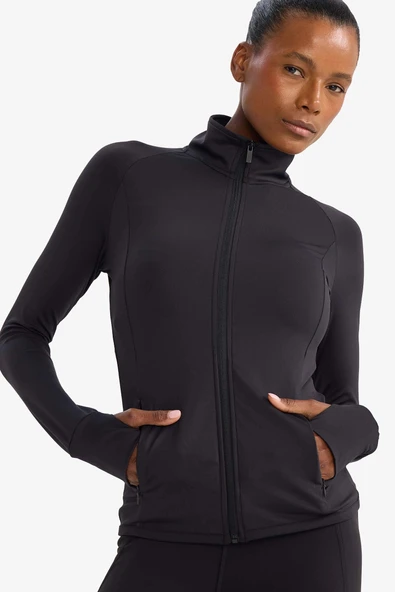 Defacto B3985AXBK81 Siyah Fitted Vücuda Oturan Ultra Soft Dik Yaka Çift Cepli Parmak Detaylı Fermuarlı Spor Hırka ürün görseli 1