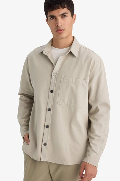 Defacto G6595AXGR302 Gri Relax Fıt Polo Yaka Gabardin Uzun Kollu Gömlek ürün görseli 1