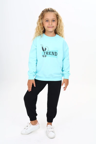 Toontoy Kız Çocuk 2'li Takım Baskılı Bisiklet Yaka Ribanalı Sweatshirt & Beli Paçası Lastikli Jogger Eşofman Altı - TK24212 ürün görseli 1