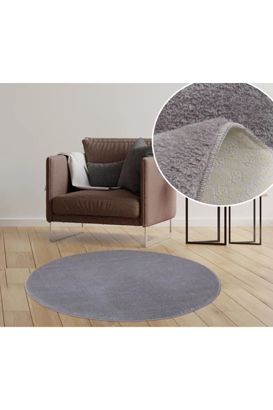 My Evilla Modern Dekoratif Halı Jel Kaymaz Taban  Peluş  Puffy Yuvarlak  Gri ürün görseli 1