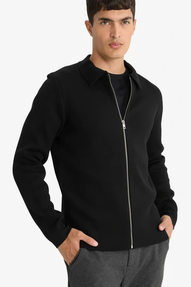 Defacto D3592AXBK27 Siyah Standart Fit Polo Yaka Basic Düz Fermuarlı Triko Hırka ürün görseli 1