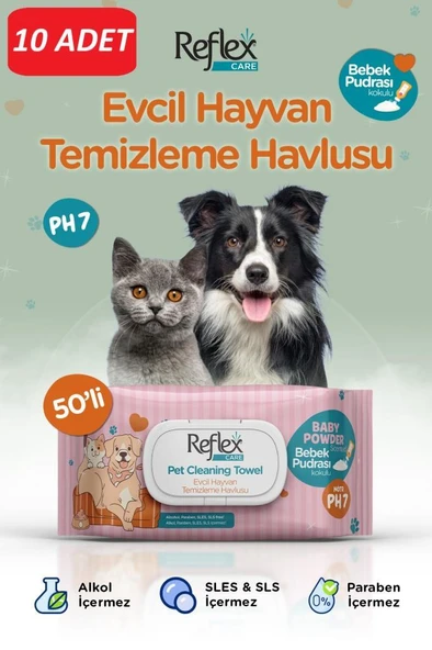Reflex Care Evcil Hayvanlar İçin Çok Amaçlı Hijyenik Temizleme Havlusu 50’li – Bebek Pudrası Kokulu 10 PAKET ürün görseli 1