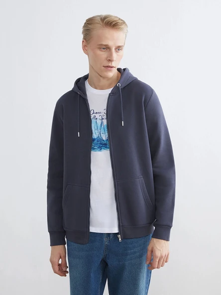 LCWAIKIKI Classic İndigo Kapüşonlu Uzun Kollu Erkek Fermuarlı Sweatshirt ürün görseli 1