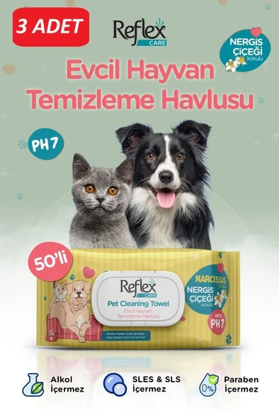 Reflex Care Evcil Hayvanlar İçin Çok Amaçlı Hijyenik Temizleme Havlusu 50’li – Nergis Çiçeği Kokulu*3 PAKET ürün görseli 1