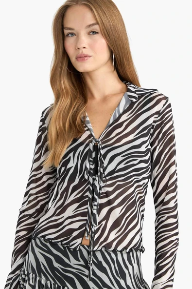 Defacto G2379AXWT32 Beyaz Fitted Polo Yaka Zebra Desenli Önden Bağlamalı Tül Bluz ürün görseli 1