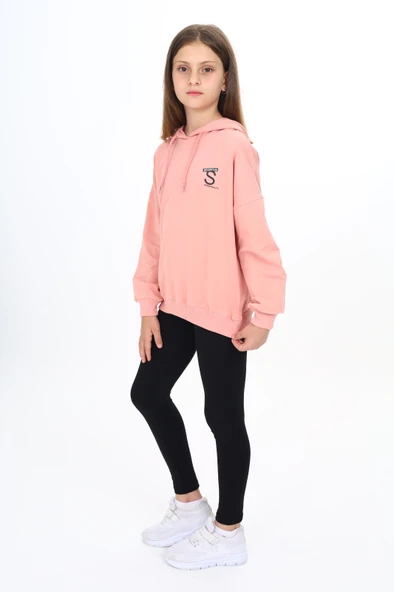 Toontoy Kız Çocuk 2'li Takım Baskılı Kapüşonlu Düşük Omuz Sweatshirt & Basic Düz Tayt ürün görseli 1