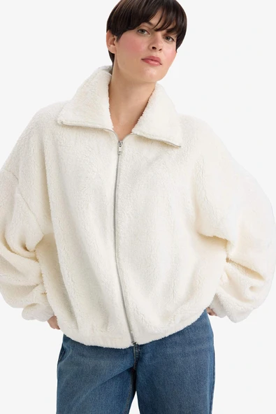 Defacto C8229AXER105 Ekru Oversize Geniş Kalıp Polo Yaka Welsoft Pelüş Hırka ürün görseli 1