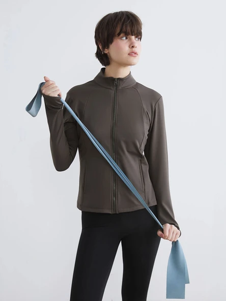 KOOR SPORT Haki Dik Yaka Parmak Geçmeli Kadın Fermuarlı Sweatshirt ürün görseli 1