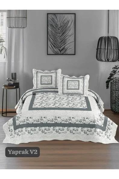 Sofline Çift Kişilik Kapitone Yatak Örtüsü, Klasik Desenli Model - Yaprak Gri (250 X 260cm) ürün görseli 1